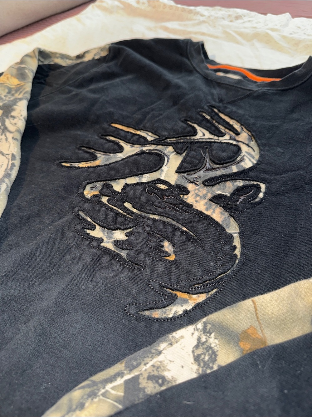 Legendary Whitetails Black Crewneck Sweater with Camo Sleeve Stripes
